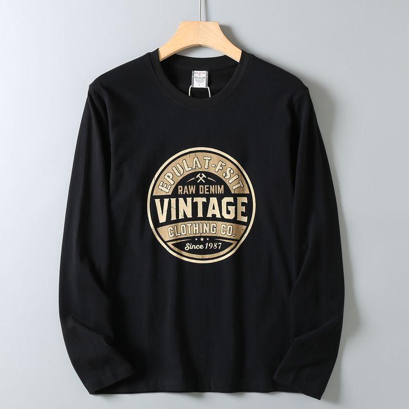 American Retro Printed Pure Cotton Washed Brushed Round Neck Long-Sleeve T-Shirt for Men, Autumn Export Export Product, Inner Layer Base Shirt