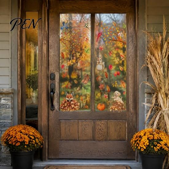 Decorative Autumn Elements for Doors 9PCS Thanksgiving Static Window Clings, Fall Leaves Birds Cute Animals Easy Clean Film Winter Glass Stickers,