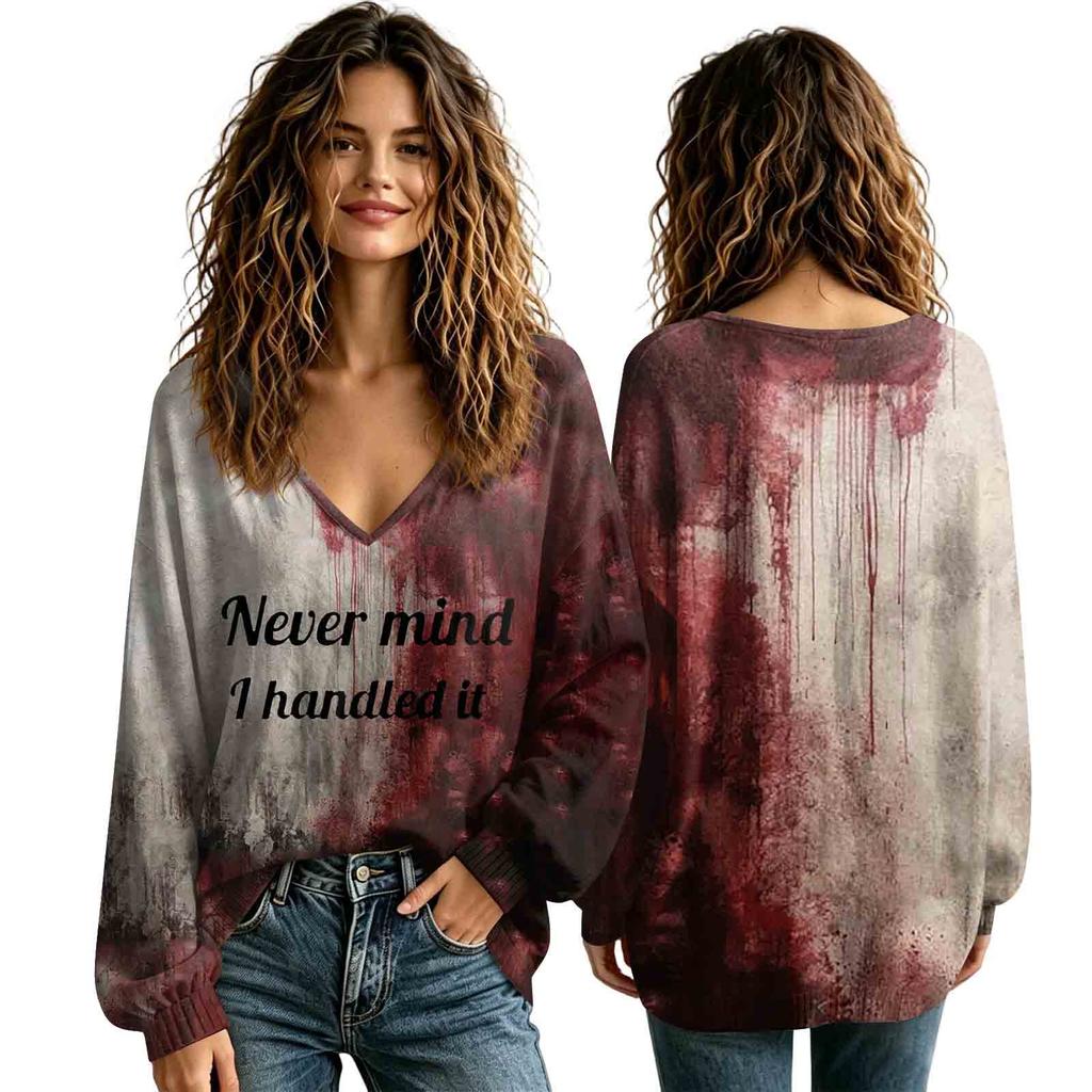 Women's V-Neck Halloween Shirt for Fall, Seasonal Top for Ladies