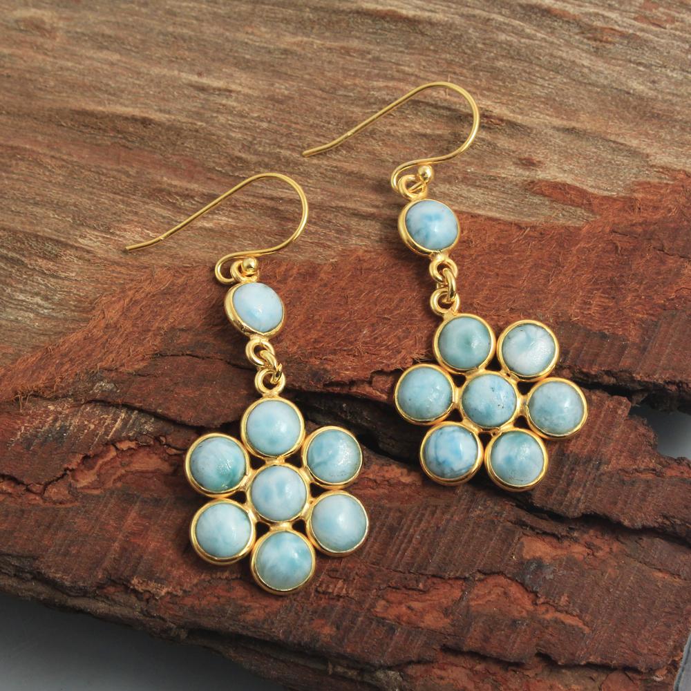 Larimar Handmade Dangle Earring 925 Sterling Silver Rose & Yellow Gold Plated Jewelry