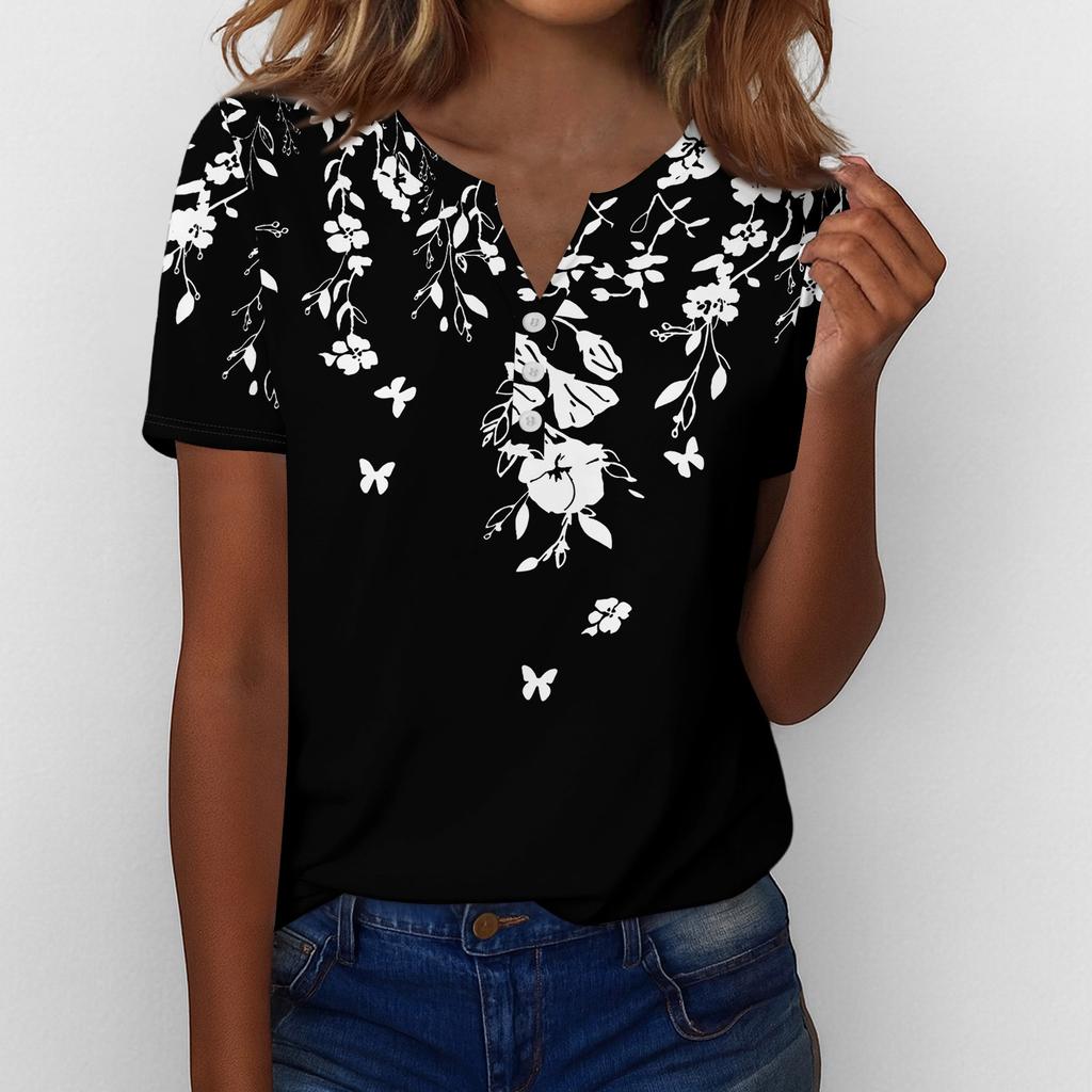 Sommartoppar för kvinnor Knäppbara blusar för kvinnor Snygga vardagliga V-ringade T-shirts