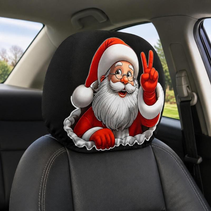 Festive Vehicle Headrest Accent Covers, Santa Christmas Slip-On Polyester Set for Winter Driving and Car Styling