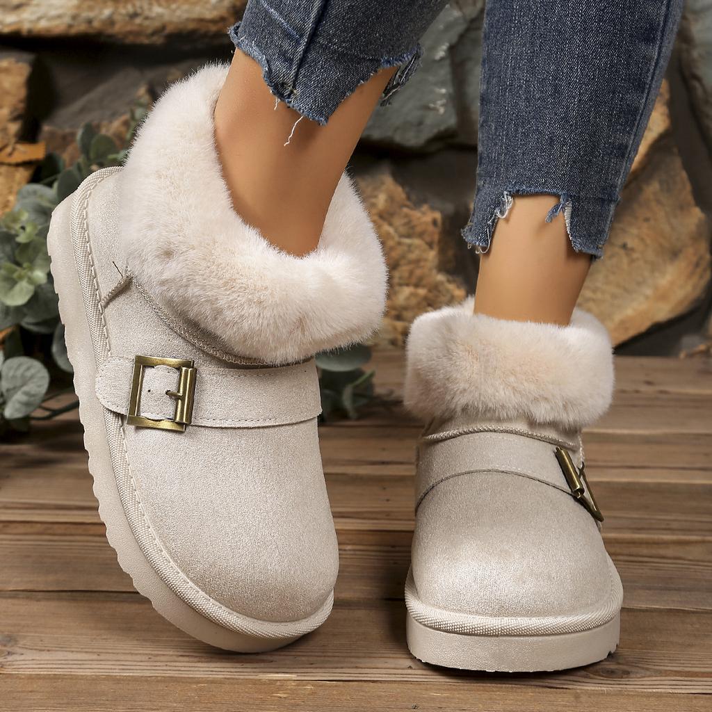 Fashion Casual Metal Buckle Decoration Thick Bottom Snow Boots Fashion Faux Fur Low Heel Boots Women Winter Warm Short Plush Shoes