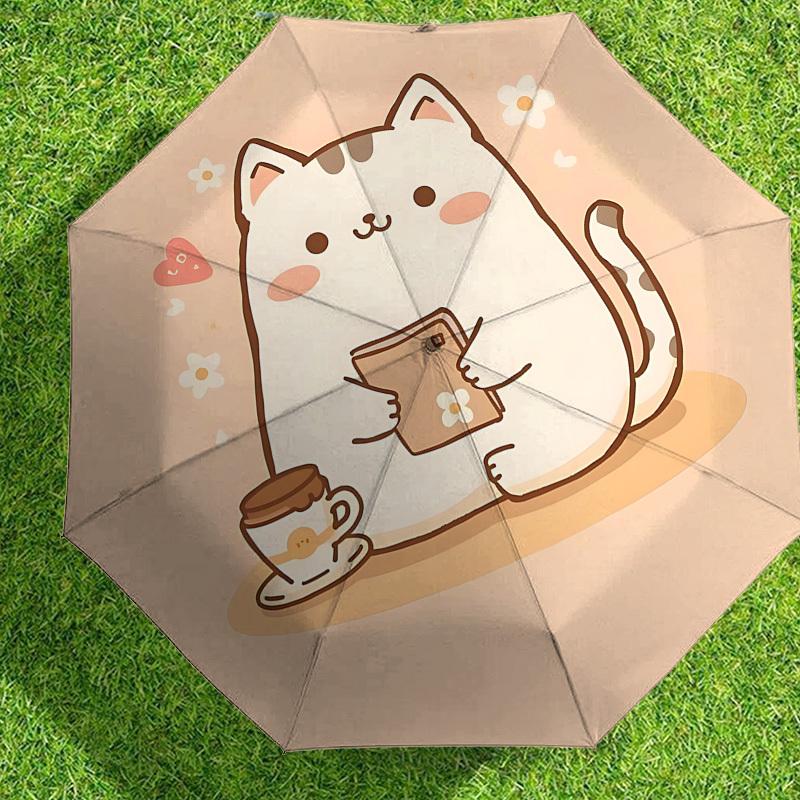 Charming Cat with Coffee and Book: Cute Day Companion   Auto Open/Closed Umbrella, Outdoor Travel Accessory, Lightweight & Durable 118