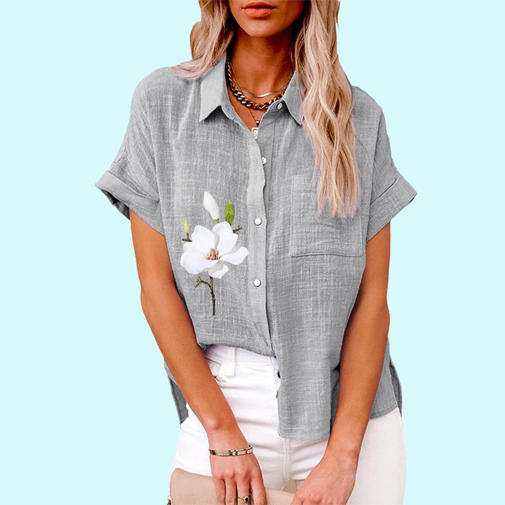 

Большие размеры Женская мода цветочный принт блузка повседневная льняная футболка женская свободная рубашка с коротким рукавом на пуговицах 5XL серый