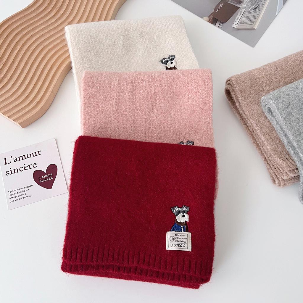 Autumn and winter new embroidered fold-ear dog solid color scarf men's and women's knitted warm and cold-proof versatile scarf