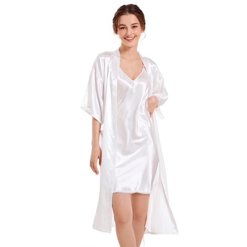 Women's Silk Satin Pajamas 2Pcs Sexy Silky Pj Robe Set with Chemise Nightgown