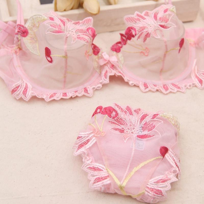 European and American Sexy Lingerie Transparent Mesh Embroidered Bra Set