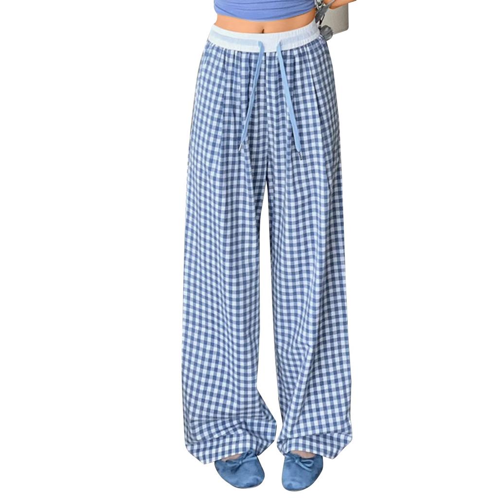 Women's Summer Elastic Waist Drawstring Wide Leg Plaid Trousers Casual Home Loose Pants With Pockets