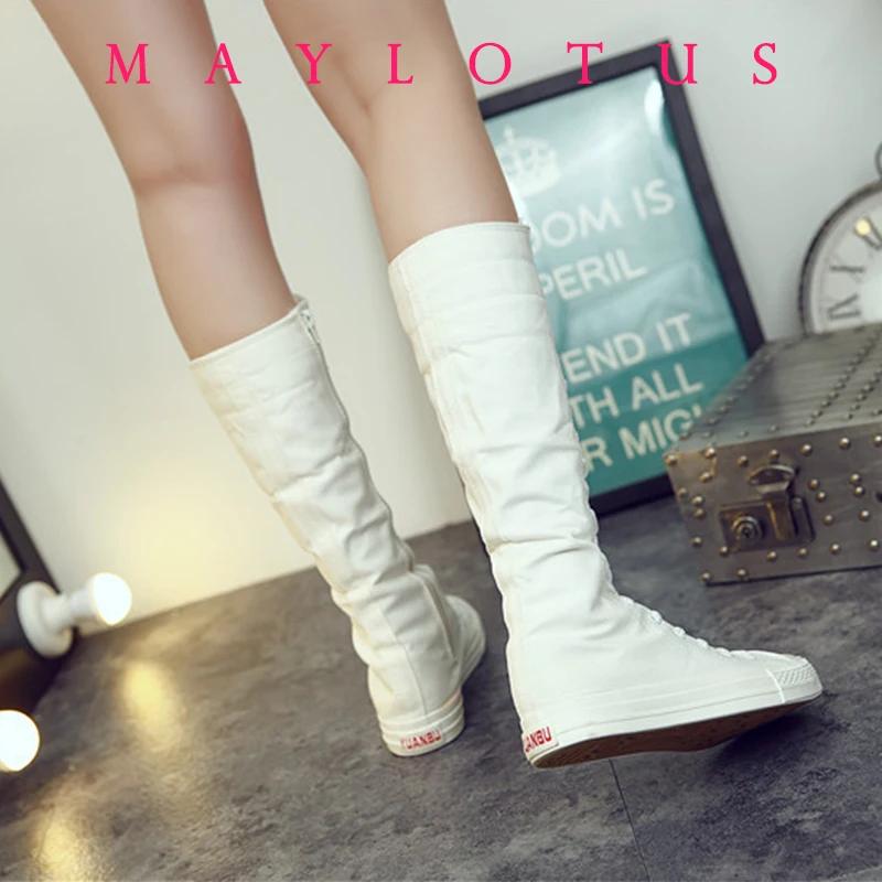 Móda 2024 Nová Móda 3 Barvy Dámské Plátěné Kozačky Šněrovací Zip Kozačky po Koleno Kozačky Ploché Boty Casual Vysoká Svršek Punk Boty Dívky