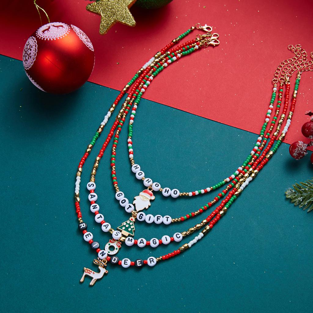 Christmas Multilayer Beaded Letter Necklace For Women Santa Claus Xmas Tree Wreath Elk Pendant Rice Beads Choker Holiday Jewelry