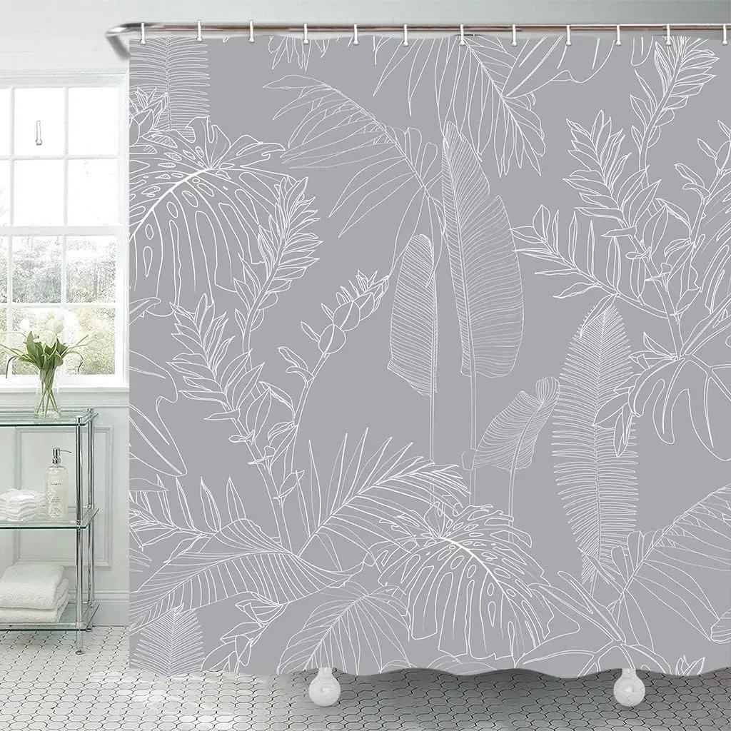 Green Shower Curtain, Bathroom Shower Curtain With Elegant Tropical Leaves And Flowers, Minimalist Plant Fabric Shower Curtain,