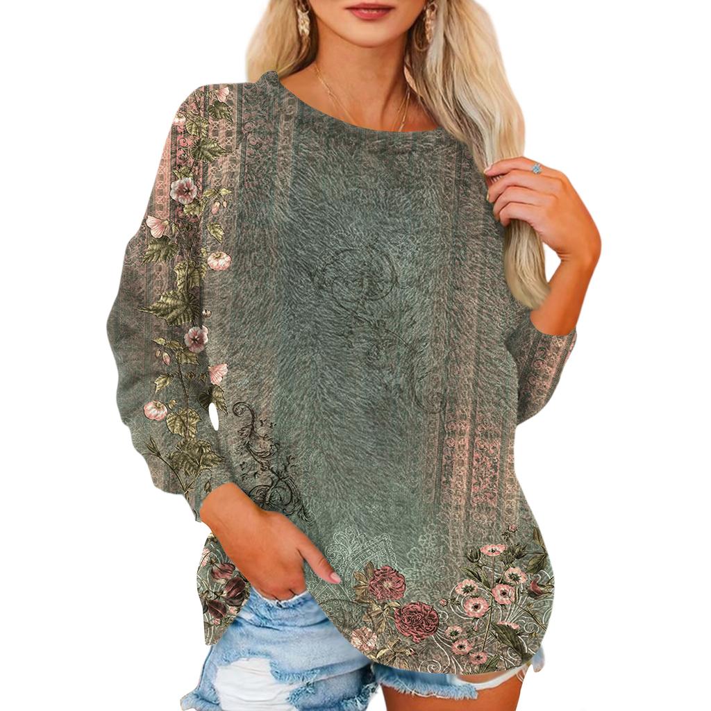 Women's T Shirt Flannel Print Tunic Long Sleeve Party  Round Neck  Tops