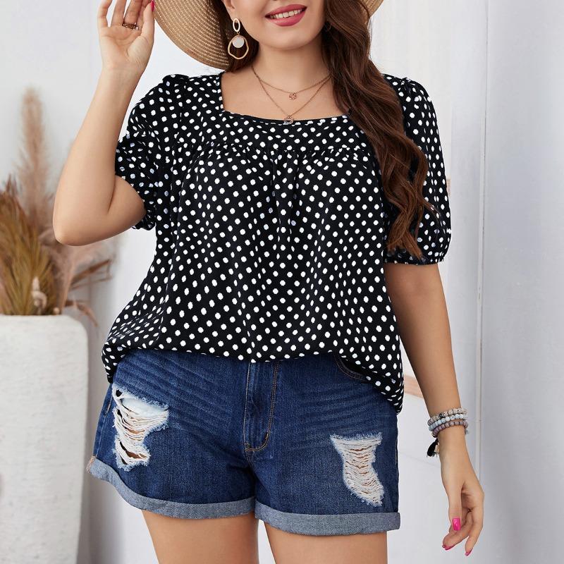 

Лето Осень Женская шифоновая короткая блузка с круглым вырезом в клетку Темпераментная рубашка в горошек для поездок на работу XL-4XL 2XL