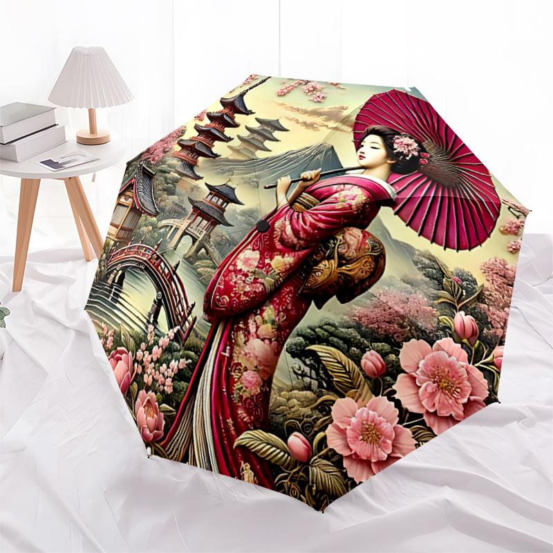 1pc Geisha Blossoms Automatic Open/Close Umbrella, Windproof, Folding Compact Umbrella with Lightweight Design for Women/Men037
