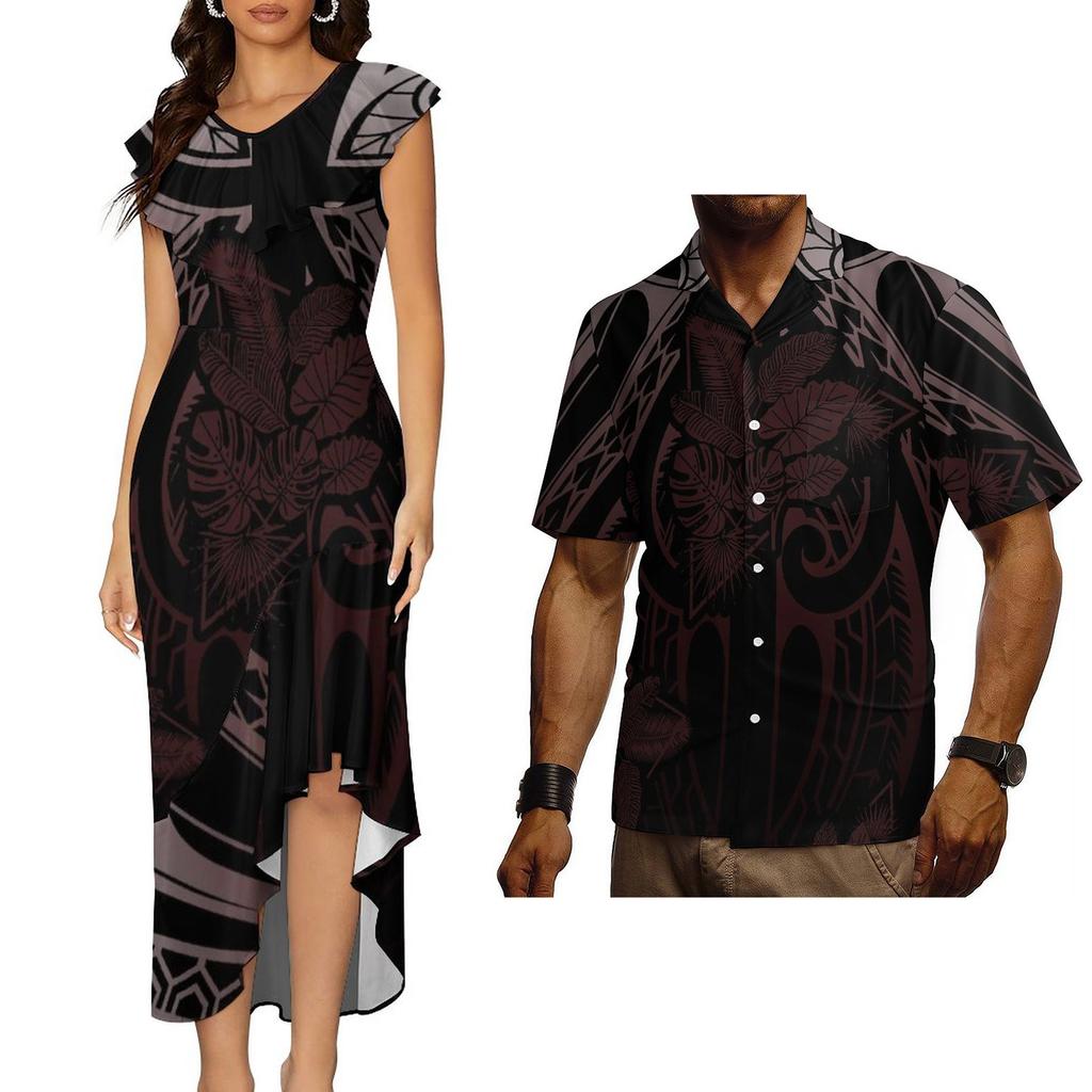 Polynesian Tribal Traditional Samoan Puletasi Dress for Women Custom Elegant Dresses Vintage Floral Dress Couple Set