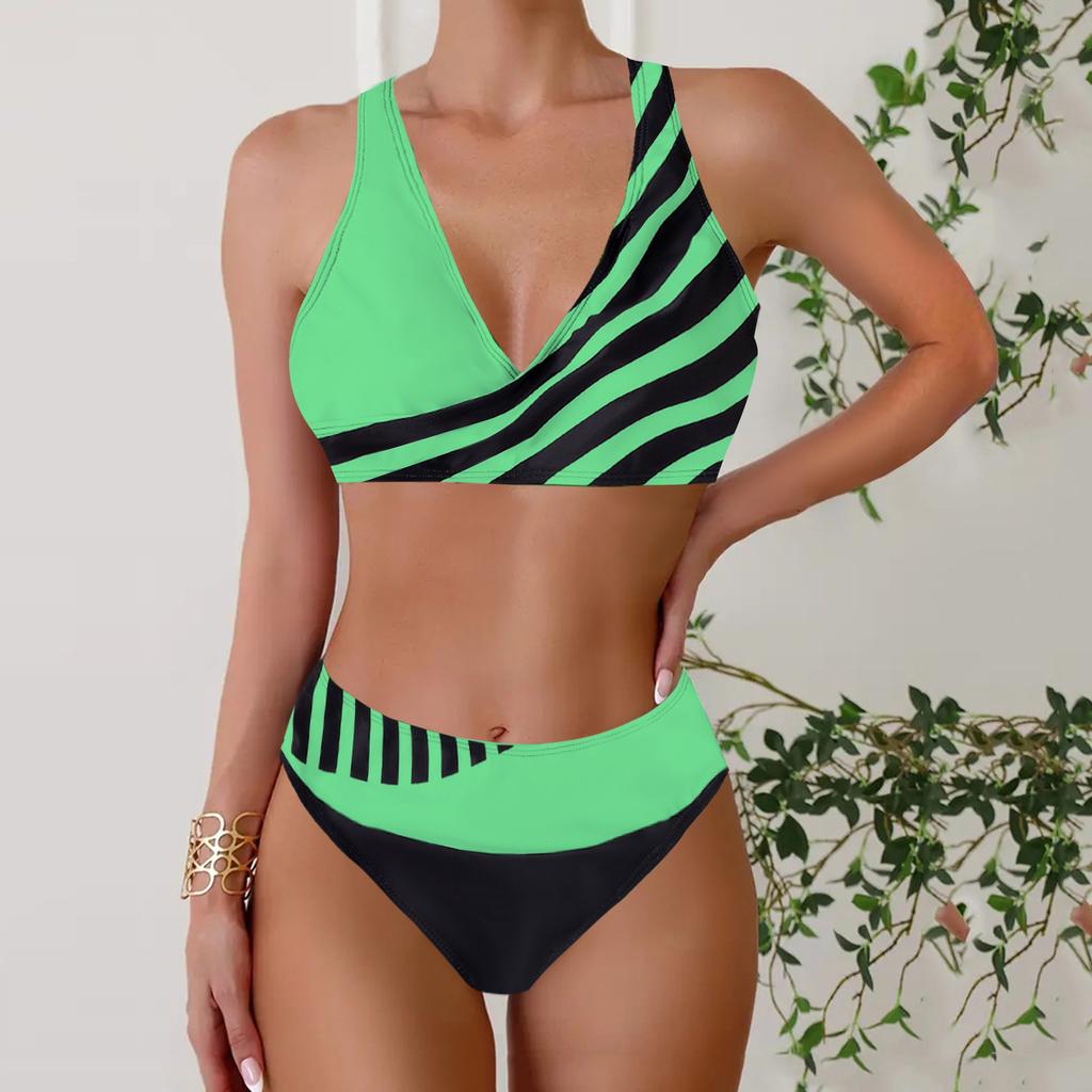Women's Halter Half Edge Stripe Print Bikini Tankini Swimsuit