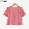 VONDA Women Summer Square Collar Short Puff Sleeve Bow Knot Plaid Print Casual T-shirts