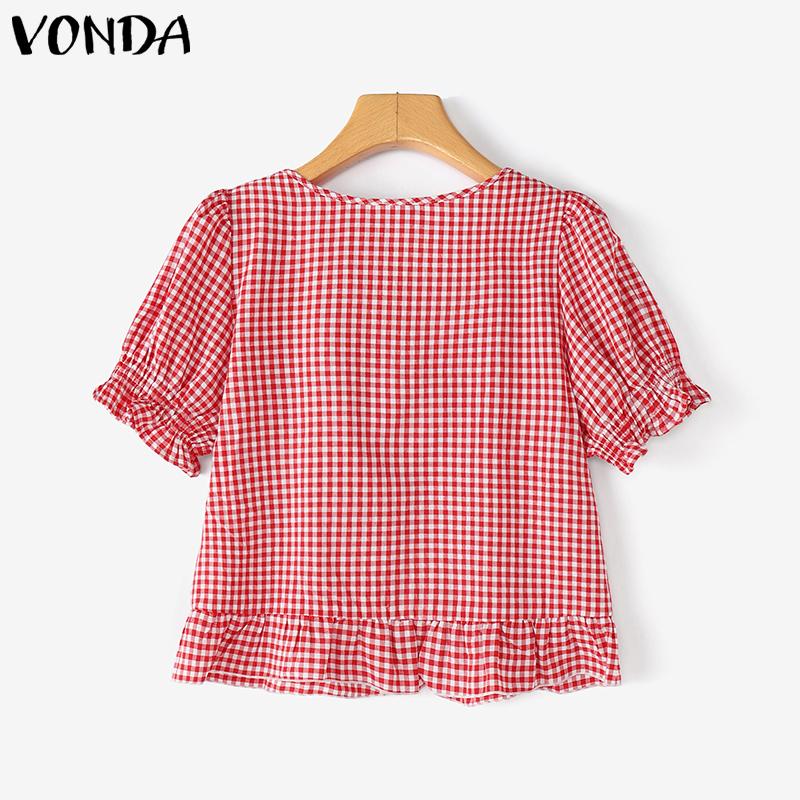 VONDA Women Summer Square Collar Short Puff Sleeve Bow Knot Plaid Print Casual T-shirts