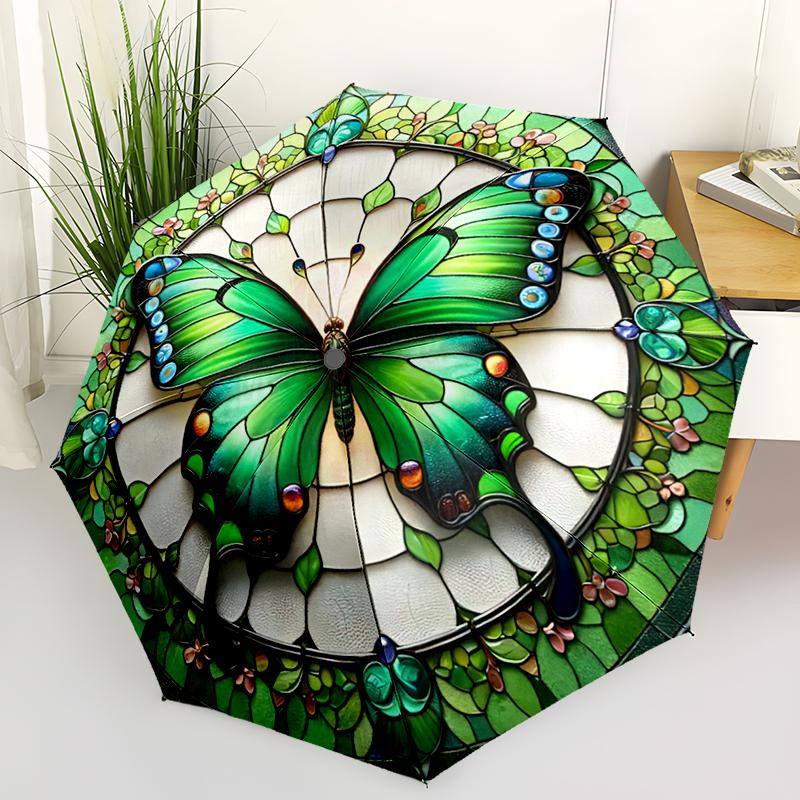 1pc Ladybugs, Butterflies Pattern Umbrella Portable Folding Umbrella Iron Frame Hole Bone Structure Outdoor Home Umbrella