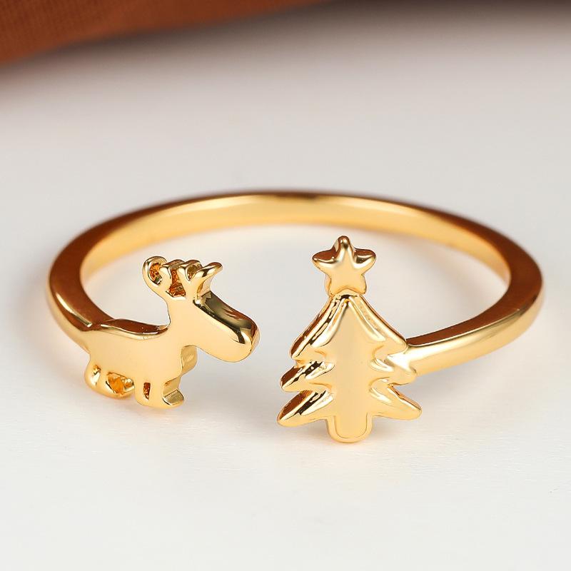 

Golden Christmas Tree Elk Christmas Collection Open Ring Adjustable Antlers Design Ring opening adjustable