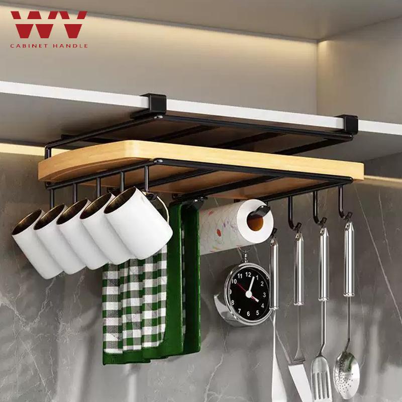 WV Kitchen Under Cupboard Hanging Organizer Rack with Hook Paper Towel Rags Hanger Cutting Board Pot Cover Holder Storage Shelf