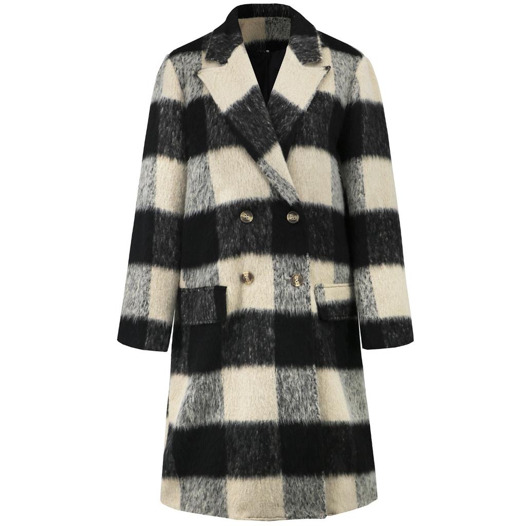 2025 Winter New Long Plaid Double-sided Wool Coat Women's Elegant Lapel Woolen Outerwear for Europe and America