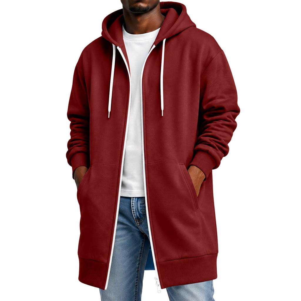 Men's Long Sleeve Longline Hooded Jacket with Double Zipper and Pockets