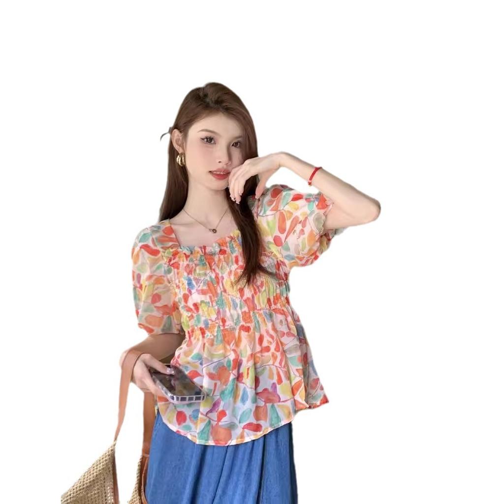 Sweet Style Short Spice Girl Square Collar Coffee Break Light Color New Flared Sleeve Thin Cute French Casual Short Sleeve Top