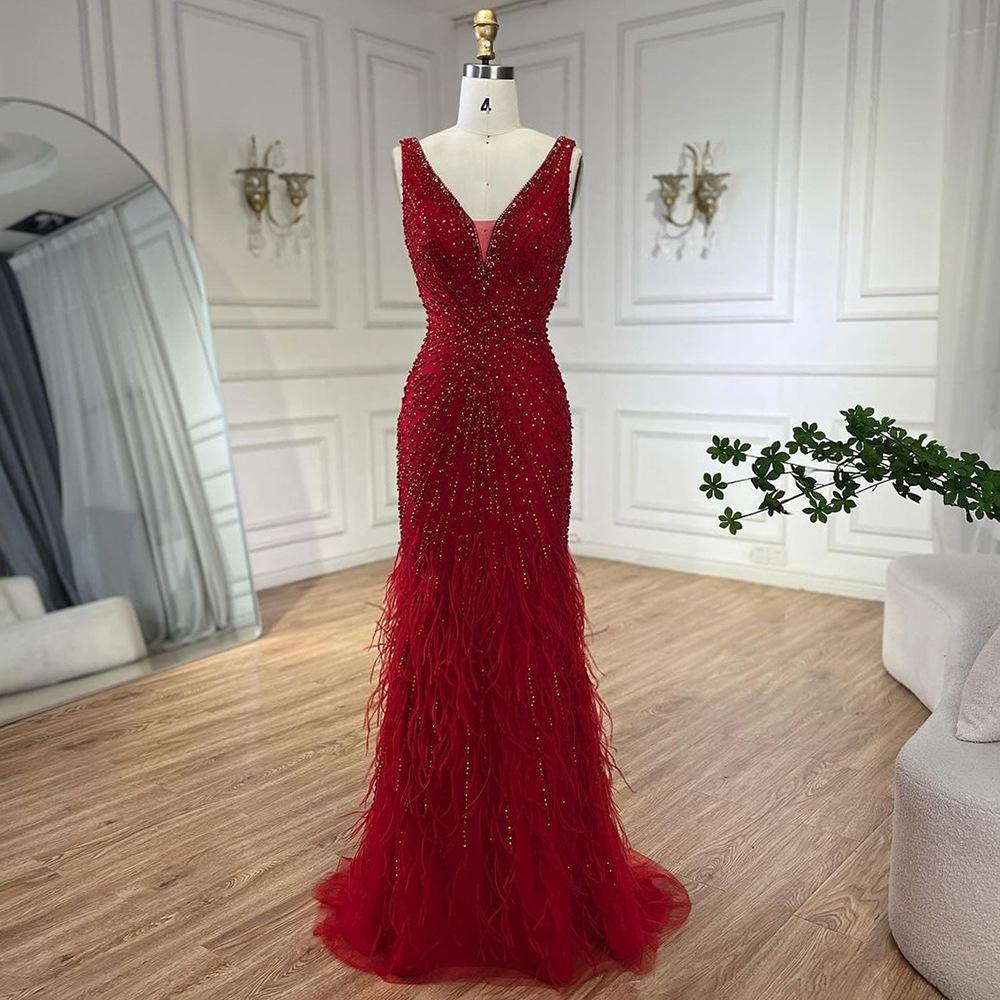 European and American luxury caramel color suspender beads fish tail high-end atmosphere host banquet evening dress LA11111