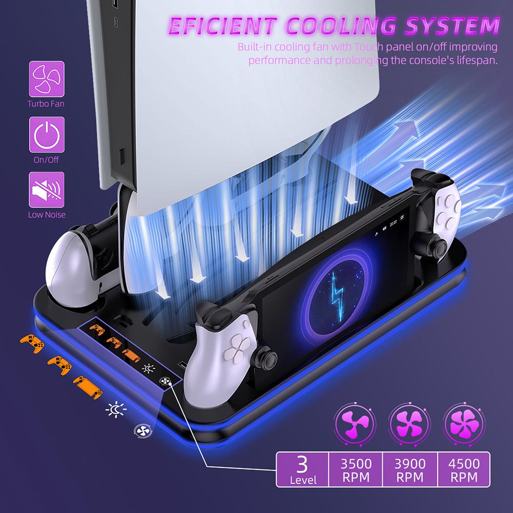 For PS5 Stand Cooling Station With RGB Light Cooling Fan Dual Controllers Charger For PS5 Slim For PS5 Portal Cooling Station