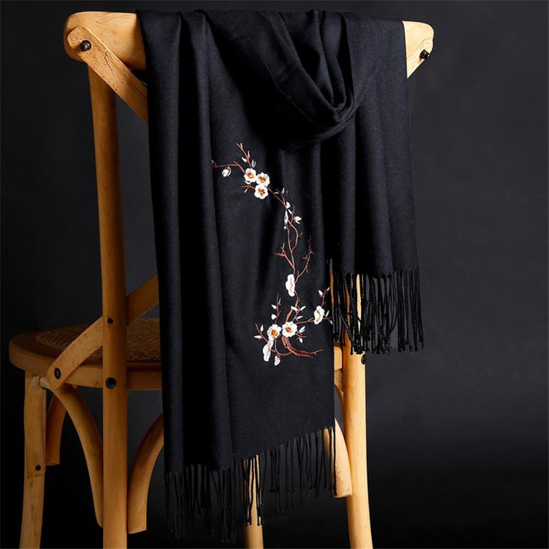 Lamaxpa 2018 Winter Warm Solid Scarf For Women/Lady Soft Wool Pashmina Shawls Flower Embroidery Cashmere Female Wraps Capes