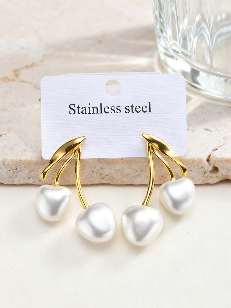 18K Gold Plated Pearl Cherry Earrings, Hypoallergenic Waterproof Stainless Steel, Elegant Jewelry for Women, Cute Fruit Studs