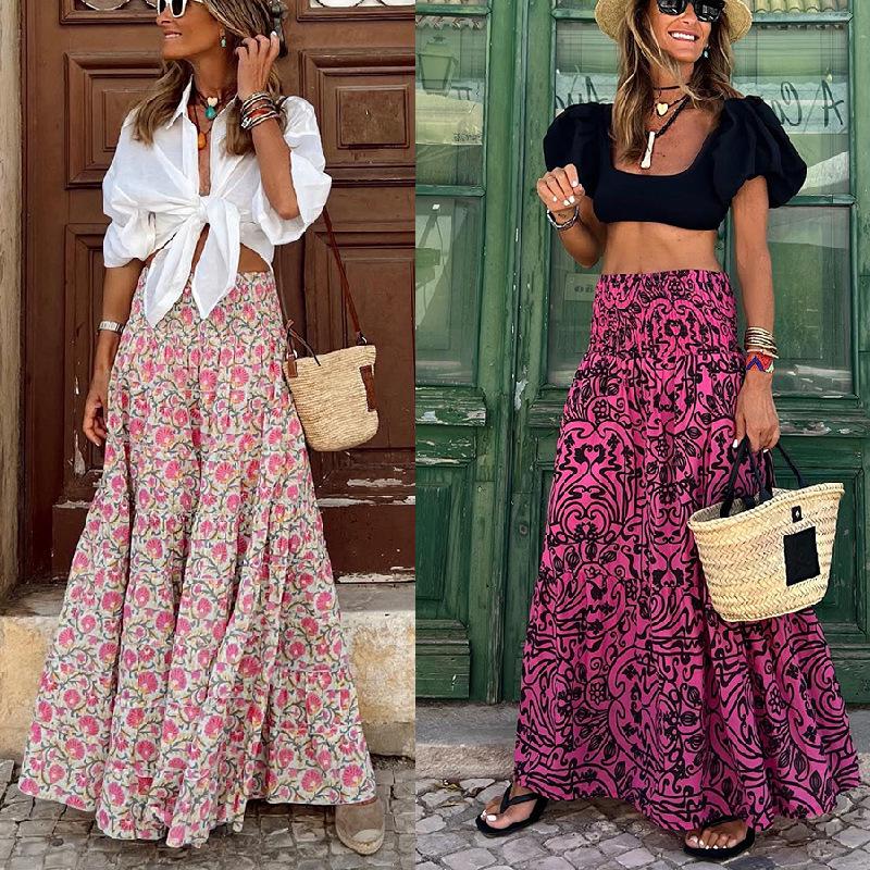 2023 Summer European & American Casual Women's Printed Long Dress with Elastic Waist for Vacations