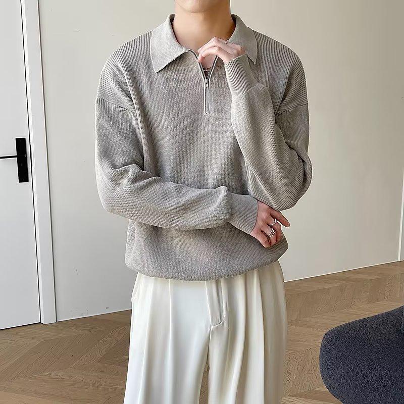 Męski dzianinowy sweter w japońskim stylu z półzamkiem i kołnierzykiem polo - jesienno-zimowy casualowy pulower.