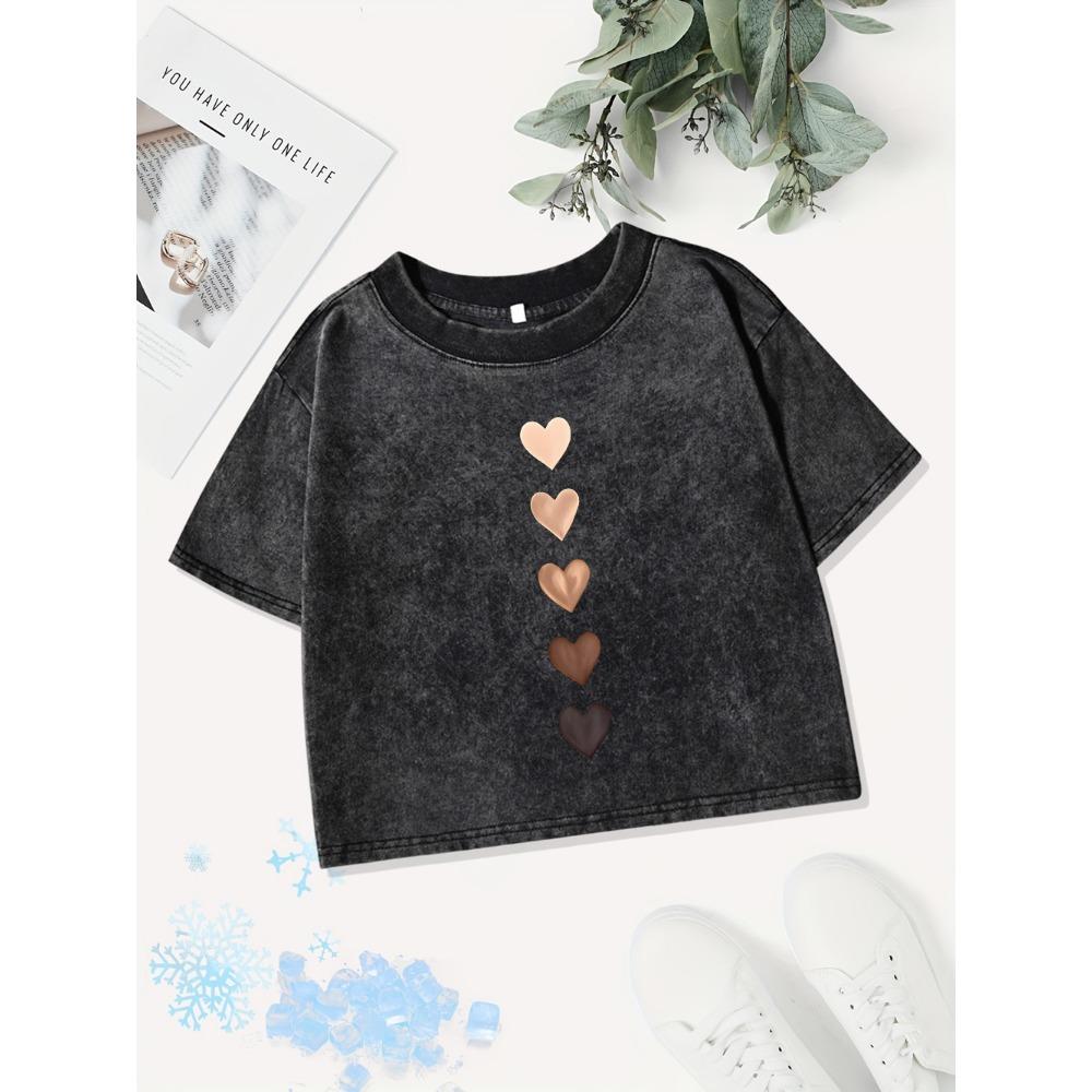 Cotton Crop Tops Women Love Heart Graffiti Prints Washed T-Shirts Regular Fit O-Neck Streetwear Street Womans Clothes