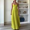 Women's Strapless Tube Top Maxi Dress Off Shoulder Pleated Long Dress with Neck