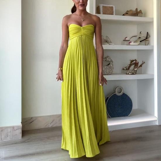 Women's Strapless Tube Top Maxi Dress Off Shoulder Pleated Long Dress with Neck