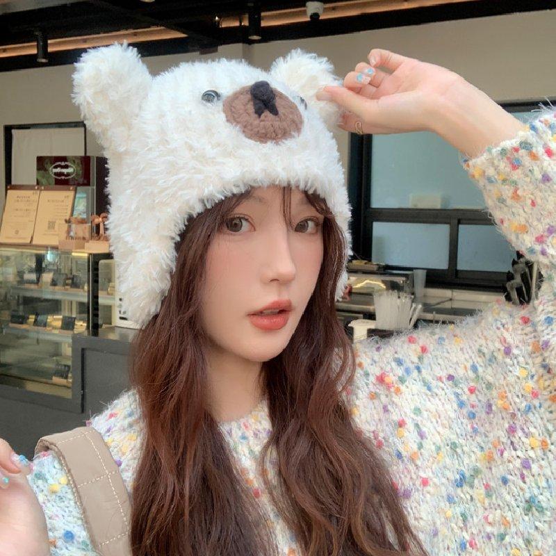 Women Plush Winter Bear Hat Keep Warm Ear Protector Solid Color Caps Travel