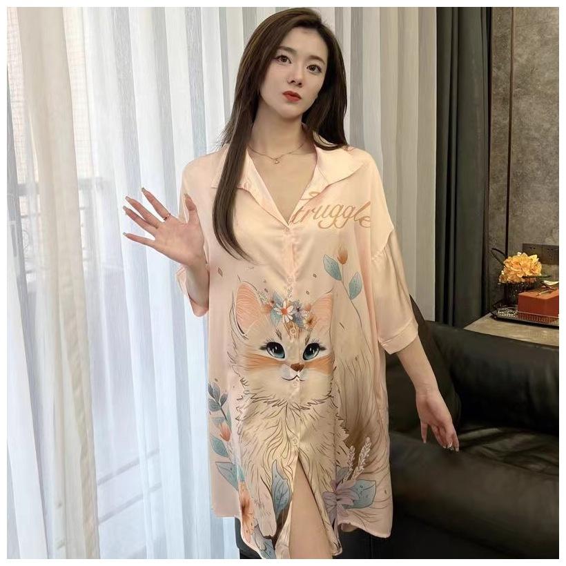 Women's Short Sleeve Ice Silk Sleep Dress Nightgown Plus Size 4XL Pajamas Shirt Sundress Loose Home Clothes