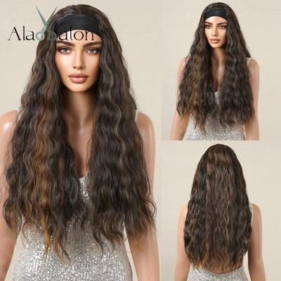 Braune Highlight-Stirnband-Synthetik-Perücken, lange gemischte braune Haarperücken mit Stirnband für schwarze Afro-Frauen, hitzebeständig