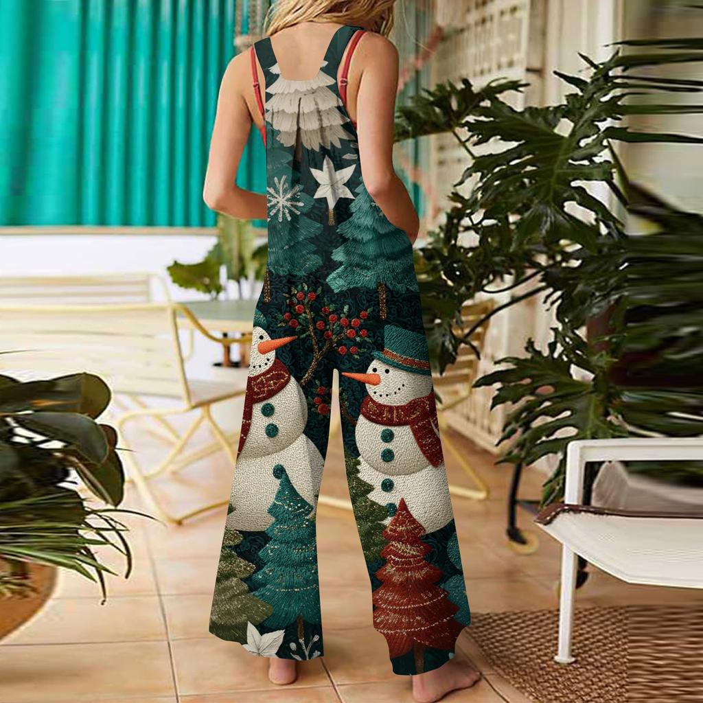 Womens Casual Overalls Jumpsuits Adjustable Straps Sleeveless Print Comfy Rompers With Pocket