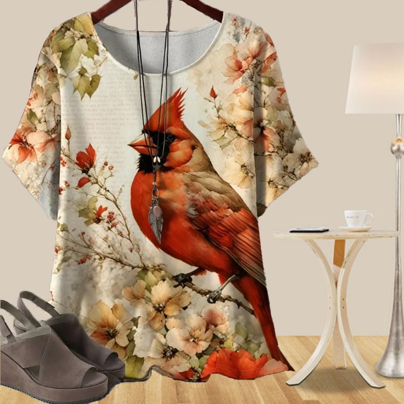 

Женская повседневная свободная весенняя рубашка, женские топы с коротким рукавом и принтом пернатых птиц и роз 8XL красный