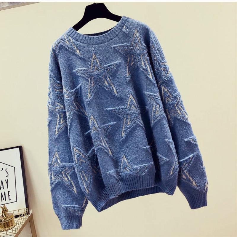 

Звезды Принт Свитер Туника Женский Повседневный Круглый вырез Свободный Длинный рукав Вязаный Топ Осень Зима Женский Джемпер Пуловеры S синий