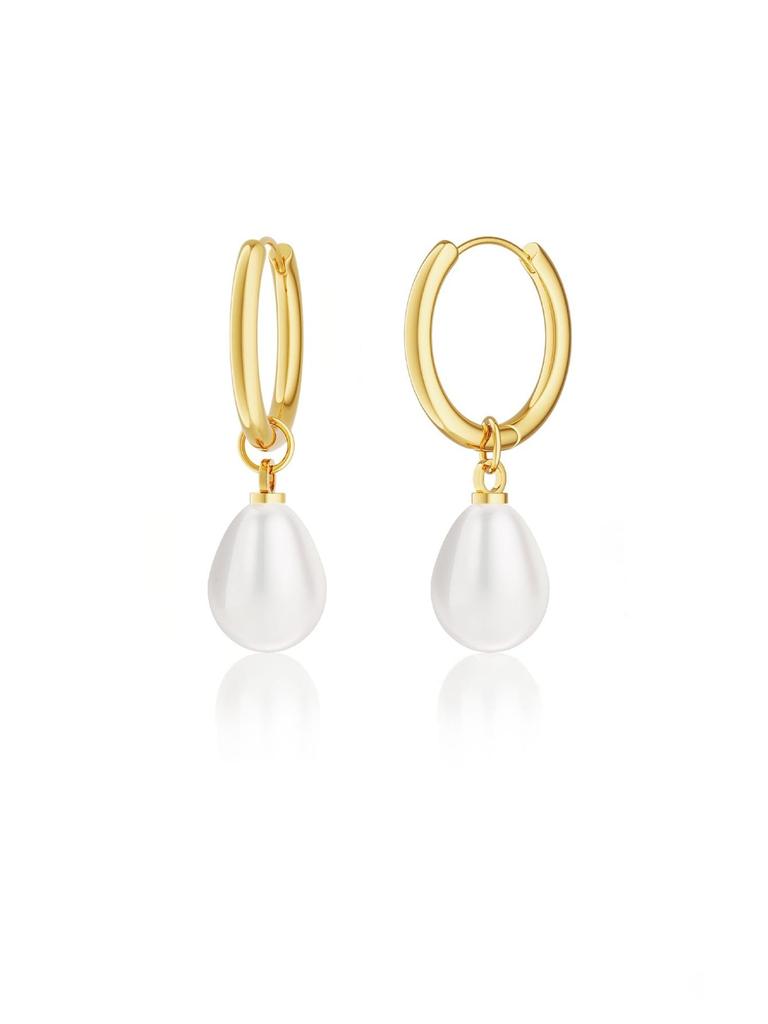 1 Pair Stainless Steel Waterproof And Non-Fading Stylish Women's Water Droplet Pearl Hoop Earrings, Suitable For Women's Daily