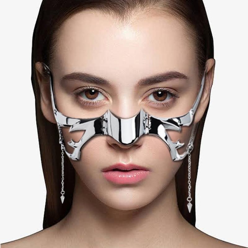 Luxuriöse Punk-Maske, flüssig, unregelmäßig, silberfarben, hohle Legierung, Gesichtskette, Accessoires für Damen und Herren, Partyschmuck