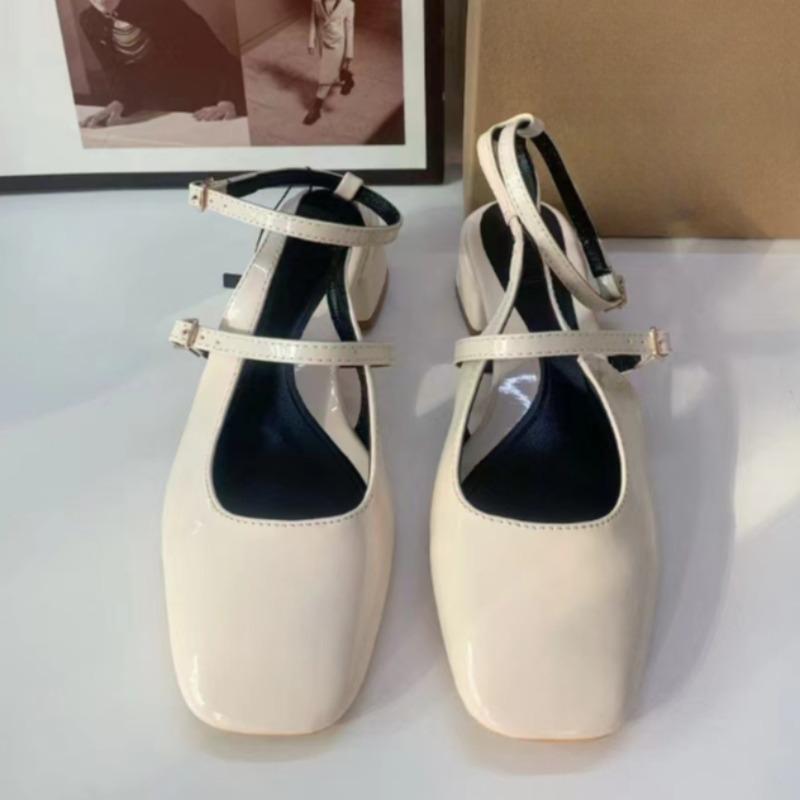 Mid Heels Office Lady Mary Jane Shoes Retro Patent Leather Square Head Slingbacks Fashion Ankle Strap Ladies Summer Sandals