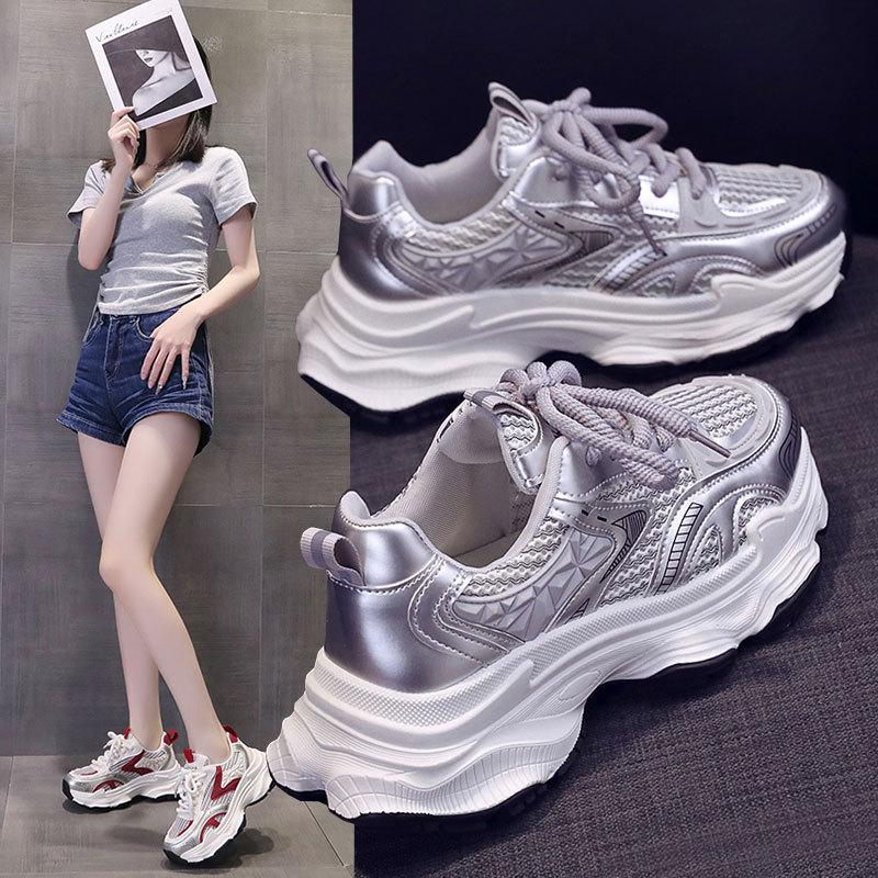 Fried Street Platform Dad Shoes Women's Height Increase Versatile Casual Shoes New Spring and Autumn Breathable Silver Sneakers