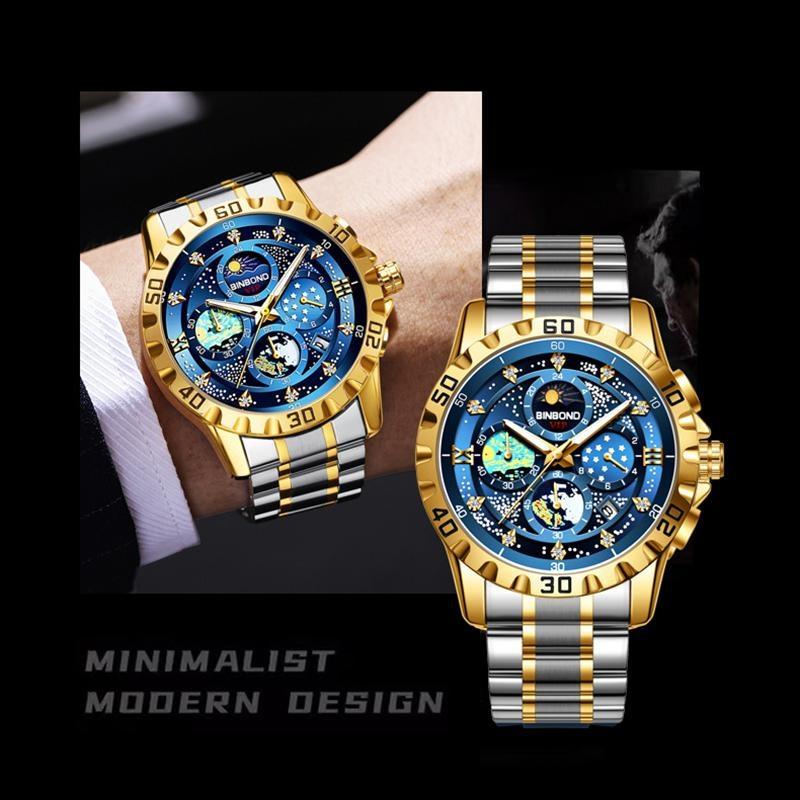 Zegarek Męski Biznesowy Stalowy Pasek Gwieździste Niebo Obraz Olejny Wodoodporny Podświetlenie Nocne Kalendarz Męski Modny Zegarek Kwarcowy