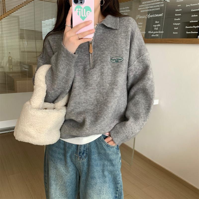 Soft waxy polo lapel college style top women's autumn and winter new outer long-sleeved half-zipper sweater knitted sweater
